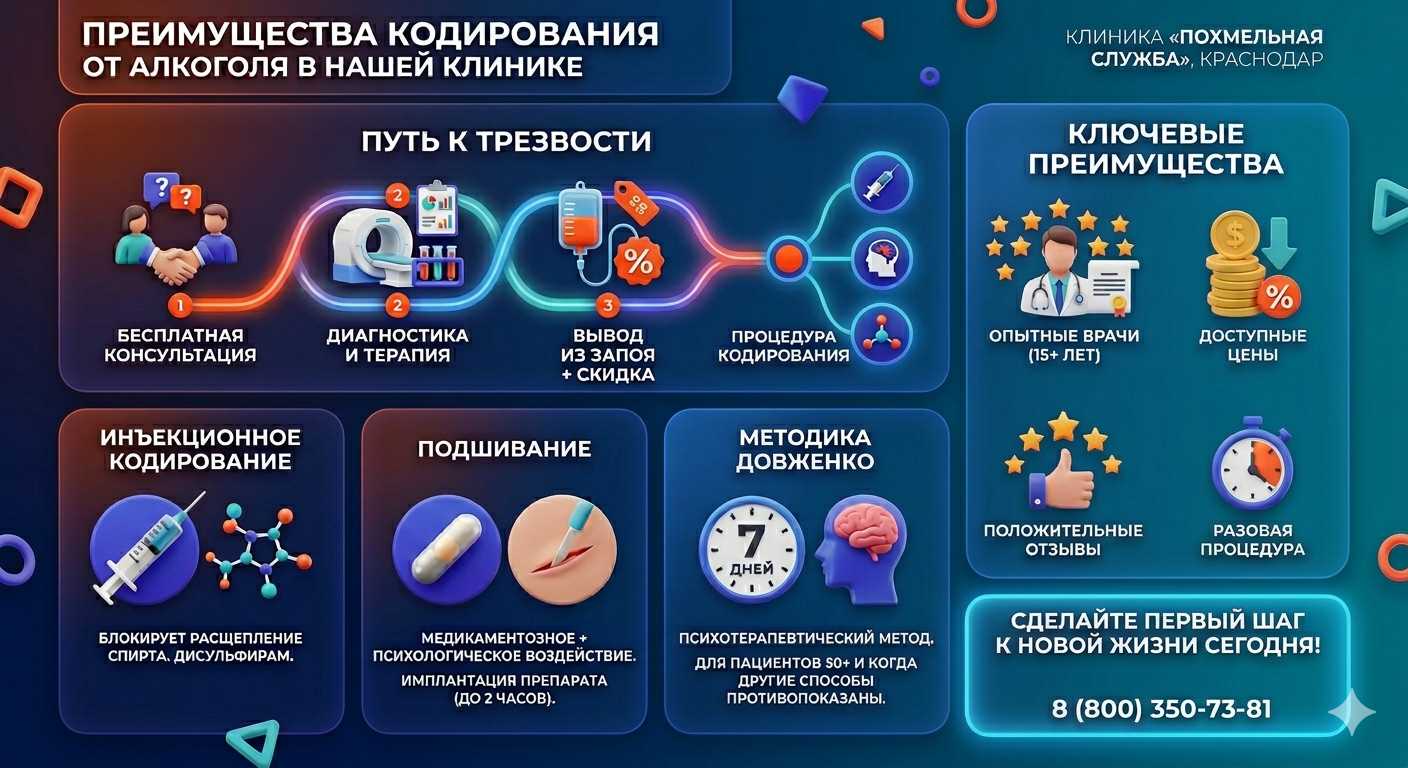 Инфографика о методах кодирования от алкоголя в Каменск-Шахтинском: инъекции, подшивание, метод Довженко. Преимущества клиники и этапы лечения.