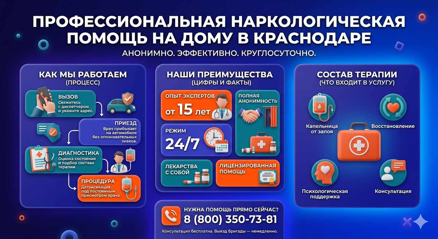 Инфографика о принципах лечения алкоголизма на дому в Каменск-Шахтинском: этапы вызова нарколога, преимущества анонимной детоксикации и состав медицинской помощи.
